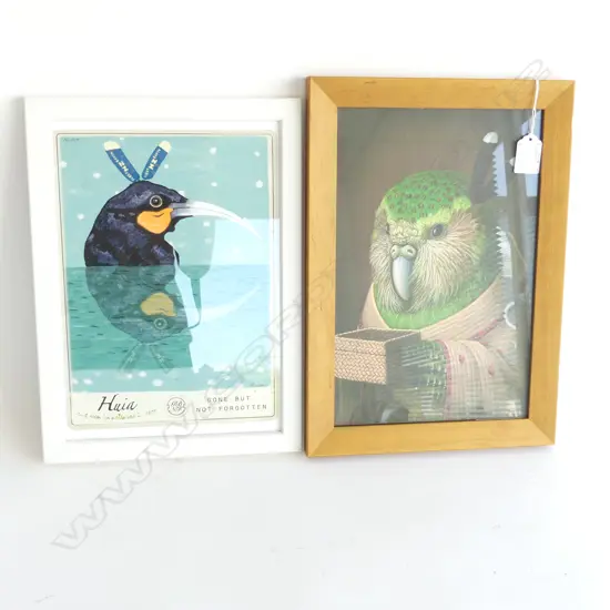 HUIA PRINT BY MARIKA JONES  H 285 x 200mm + KAKAPO PRINT H 295 x 190mm