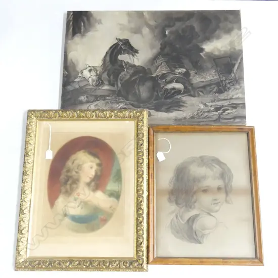 BATTLE SCENE 'E.M.H. 1895' OIL AF 485x710mm, PENCIL PORTRAIT, MEZZOTINT PRINCESS AMELIA AFTER SIR THOMAS LAWRENCE