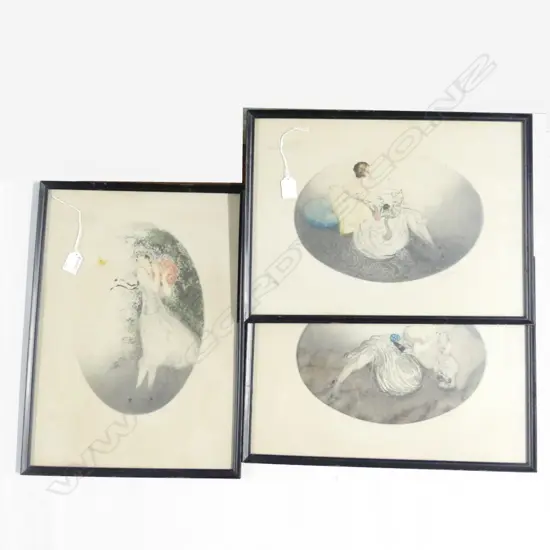 3 SIGNED 1920s ETCHINGS OF WOMEN, MANNER OF LOUIS ICART, oval (SOME FOXING)