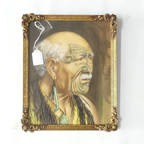 HANDPAINTED PORTRAIT OF MAORI WARRIOR AFTER GOLDIE SIGNED F BRENNER NZ 'PATARA TE TUHI' TO REVERSE H. 245 x 195mm