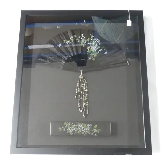 LATE 19thC FAN AND FAN BOX PRESENTED IN BLACK DISPLAY FRAME, OVERALL 780 X 690mm
