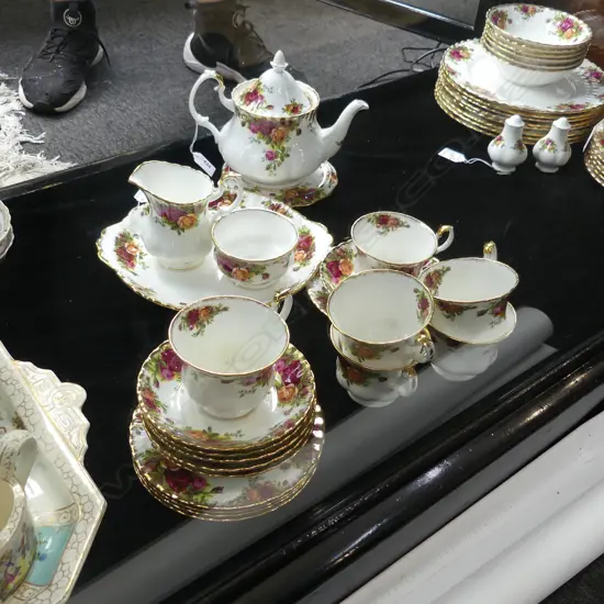 ROYAL ALBERT 'OLD COUNTRY ROSES' TEASET; TEAPOT & STAND, 6 TRIOS, CAKE PLATES, SUGAR BOWL & MILK JUG