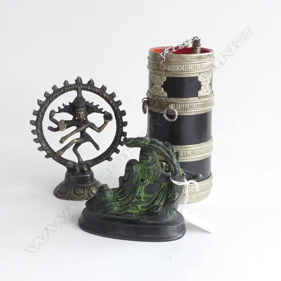 2 METAL INDIAN ORNAMENTS + VINTAGE ORIENTAL WOODEN THERMOS H.165mm photo correct...