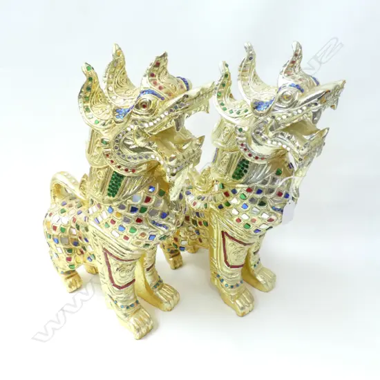PR CARVED WOODEN GILDED INDONESIAN TEMPLE DOGS H.410mm
