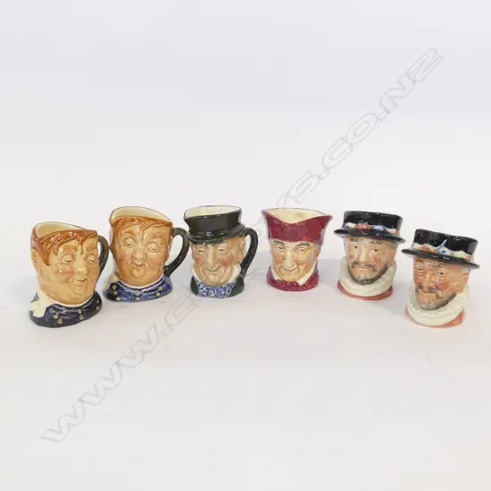 6 ASST ROYAL DOULTON MINIATURE CHARACTER JUGS AVG H. 40MM