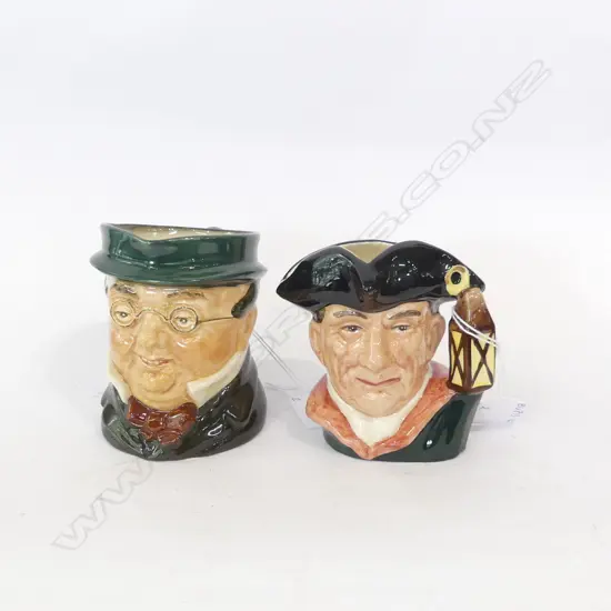 2 ROYAL DOULTON SM CHARACTER JUGS; NIGHT WATCHMAN & MR PICKWICK H. 110MM