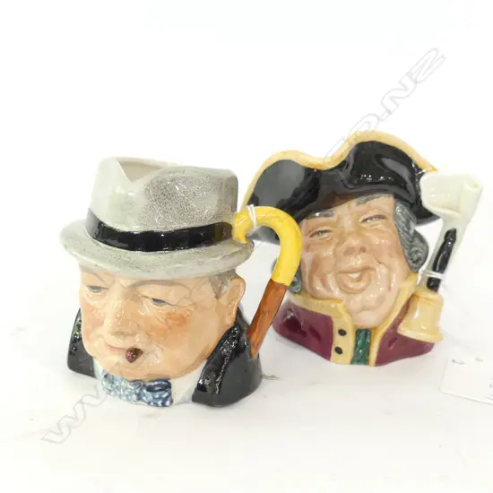 2 SM ROYAL DOULTON CHARACTER JUGS; WINSTON CHURCHILL & TOWN CRIER  H 90MM