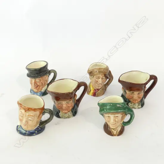 6 ASST ROYAL DOULTON MINIATURE CHARACTER JUGS AVG H. 40MM
