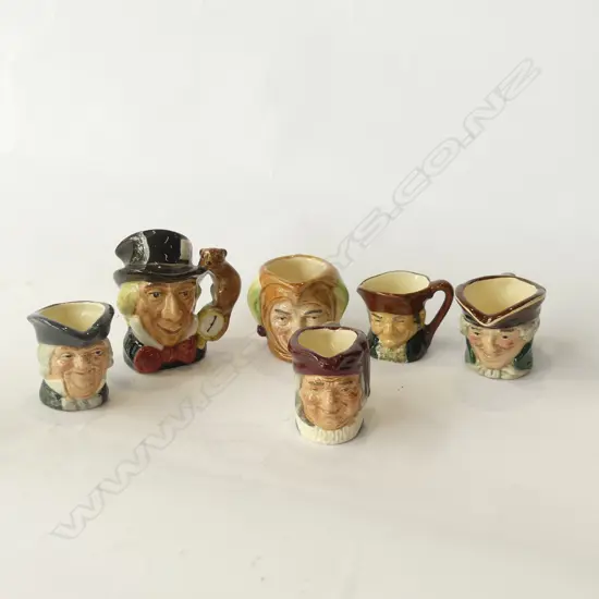 6 ASST ROYAL DOULTON MINIATURE CHARACTER JUGS AVG H. 40MM