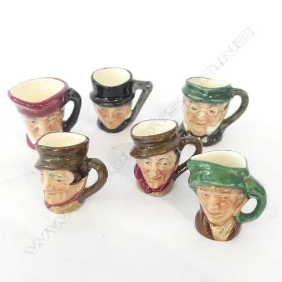 6 ASST ROYAL DOULTON MINIATURE CHARACTER JUGS AVG H. 40MM