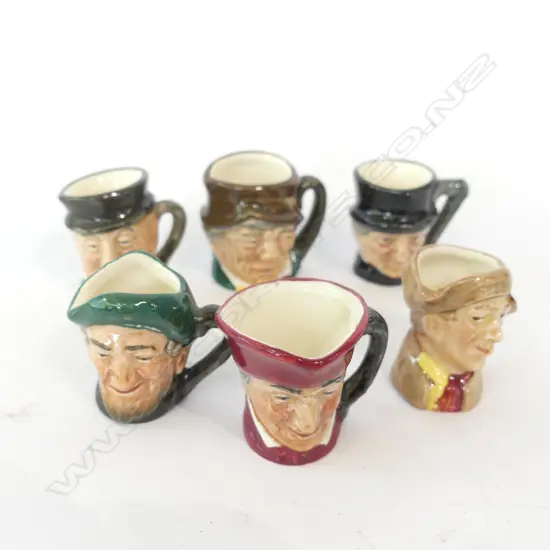 6 ASST ROYAL DOULTON MINIATURE CHARACTER JUGS AVG H. 40MM