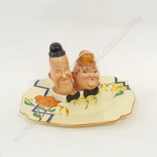 LAUREL & HARDY BESWICK SALT & PEPPER + WILKINSONS PLATE