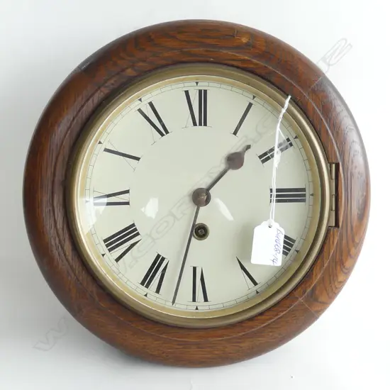 C1900 OAK CASE SCHOOL TYPE WALL CLOCK D.290mm. W pendulum & key