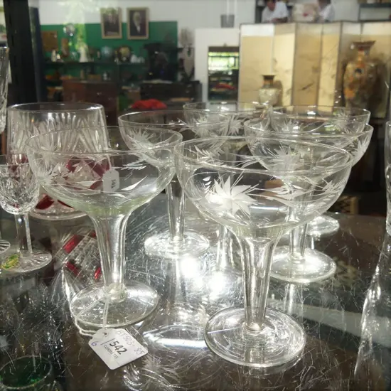 6 HOLLOW STEMMED CHAMPAGNE GLASSES WITH ETCHED PATTERN