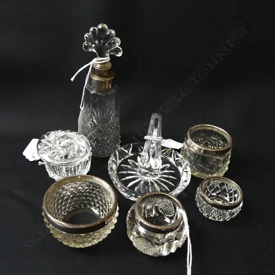 CUT GLASS; 4 SM STG SILVER RIMMED TRINKET CONTAINERS + ART DECO STG SILVER RIMMED SCENT BOTTLE + RING HOLDER & SM BOX