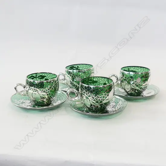 SET 4 AGENTO VENETIAN GREEN GLASS & SILVER OVERLAY CUPS & SAUCERS