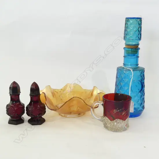 VINTAGE COLOURED GLASS; CARNIVAL HORSE DISH (DIA  220MM) BELGIAN BLUE DECANTER, CRANBERRY S&P & RUBY CUP