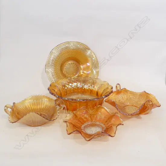 FIVE ASSORTED MARIGOLD CARNIVAL GLASS BOWLS