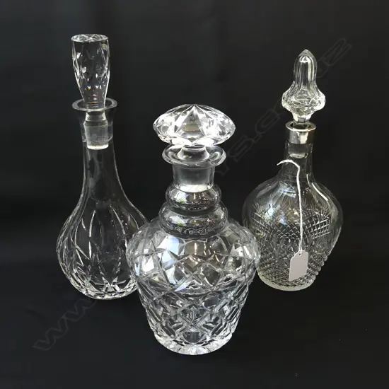 3 ASST CUT GLASS DECANTERS, ONE WITH 830 SILVER NECK BY MARIUS HAMMER H 270, 260 & 280MM