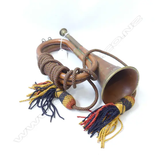 VINTAGE COPPER & BRASS BUGLE - ENGAVED 'NZ' & NZ ONWARD BADGES - HAS ORIGINAL TASSLES