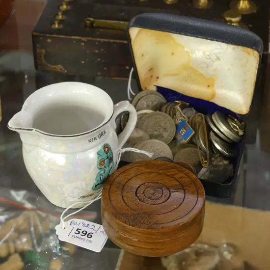 ASST. COINS, 'KIA ORA' JUG, WOODEN CONTAINER ETC