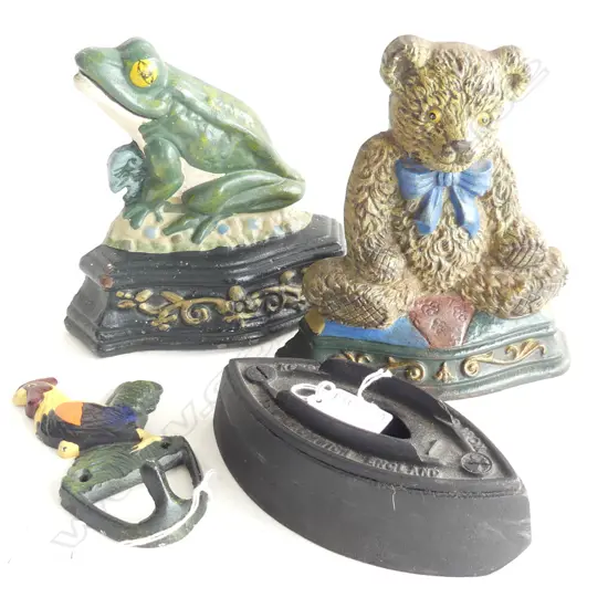 2 PAINTED CAST IRON DOOR STOPS; TEDDY & FROG H.180mm + ROOSTER HOOK & OLD IRON