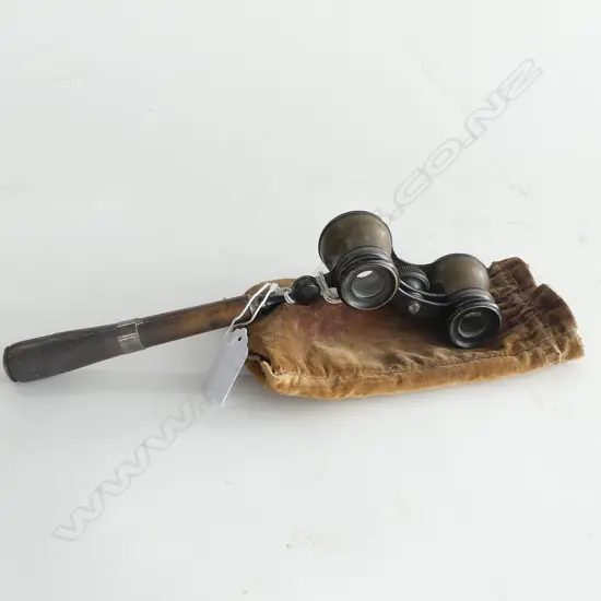 C1900 BRASS OPERA GLASSES STICTHED LEATHER COVERED HANDLE velvet case