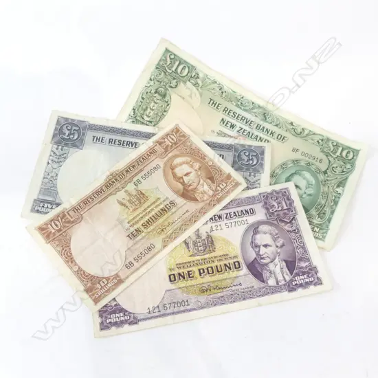 4 NZ BANKNOTES £10.£5.£1 & 10/- Fleming.