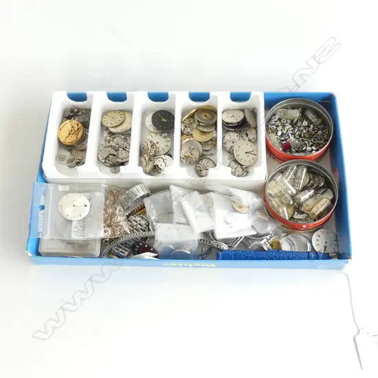 TRAY OF ASST. WATCH PARTS; FACES, MOVEMENTS, CASES ETC