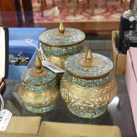 3 PC GRADUATED BRASS & MOSAIC LIDDED CONTAINERS H. 100, 80 & 70MM