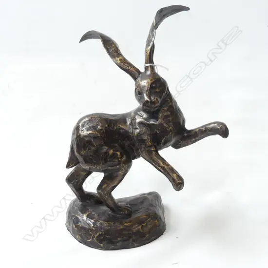 BRONZE STANDING HARE ON OVAL PEDESTAL BASE H.395mm