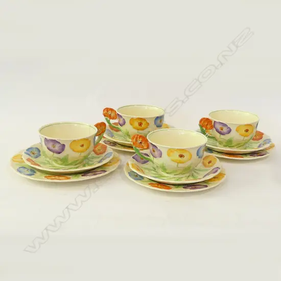 FOUR MULTI-COLOURED GRINDLEY TRIOS, CRACK TO RIM OF ONE CUP