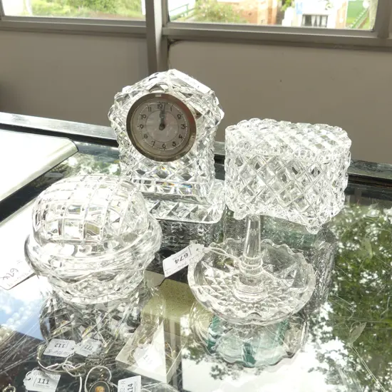 CUT GLASS DRESSING TABLE SET;  ALARM CLOCK  (H. 130MM) 2 LIDDED BOXES (LARGEST L 110MM) & RING HOLDER (DIA  90MM)