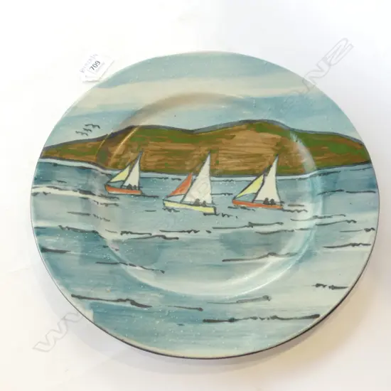 PETER OXBOROUGH PLATE WITH YACHTS ON THE HARBOUR 270mm dia