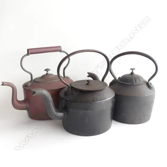 3 ANTIQUE KETTLES; 2x CAST IRON, 1x COPPER