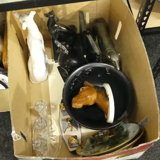 BOX LOT PLANTER, EQUINE WALL PLAQUE, GREYHOUND BOOKENDS, CONDIMENT SET, GREYHOUNDS, DECORATIVE ENGLISH PLATES ETC