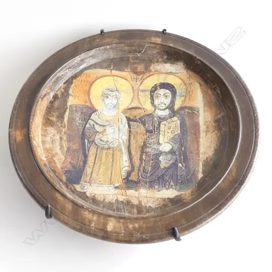 WOODEN PLATE w. EASTERN EUROPEAN RELIGIOUS FIGURES 400mm dia