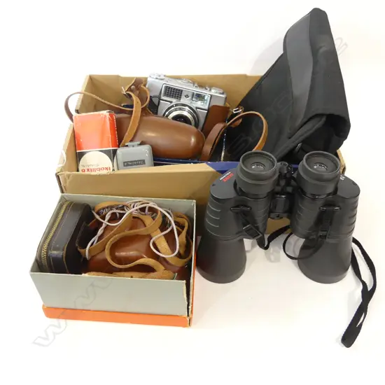 BOX ASST VINTAGE CAMERAS + PR BINOCULARS ETC..