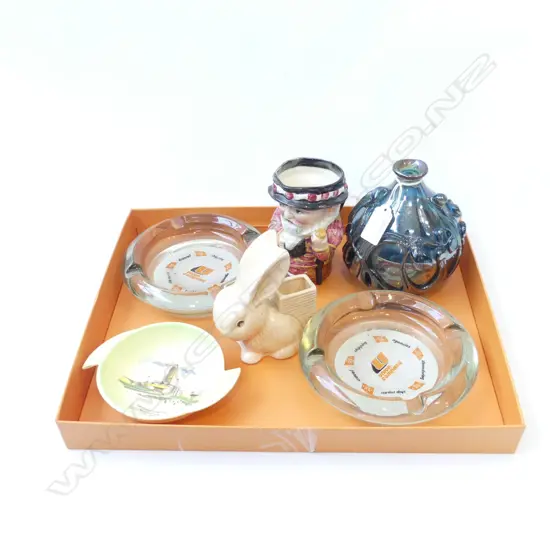 RABBIT VESTA + CARLTON CENT.EXHIB. DISH + 2 GLASS ASHTRAYS ETC