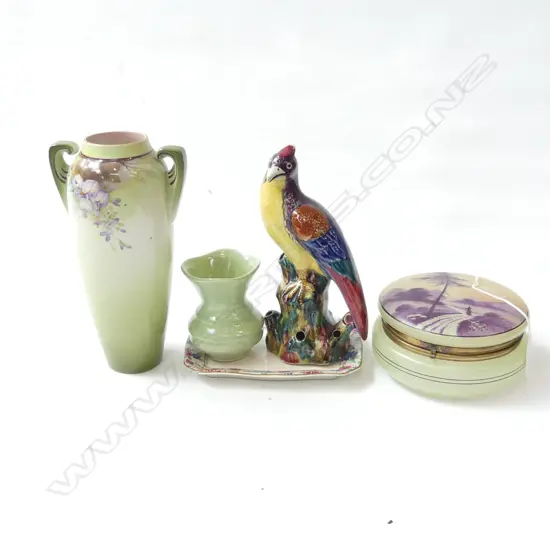 REUBENS WARE PARROT + WINTON VASE + C/LYNN VASE + GLASS LIDDED BOX +  DISH