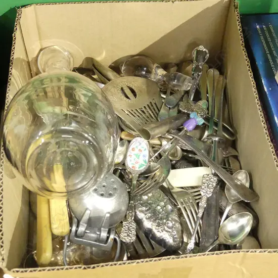 BOX LOT ASST. CUTLERY + DECANTER