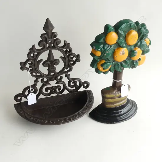 2 PAINTED CAST IRON DOOR STOPS; ORANGE TREE & ORNATE H.265mm