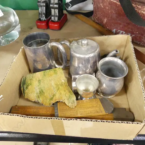 SM BOX MISC INCL OLD WOODEN FOLDING RULERS, EP TEAPOT, STONE & OLD POCKET WATCH