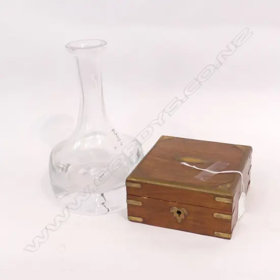 DECANTER (no stopper) + WOODEN BOX w. BRASS DETAILING W.150mm