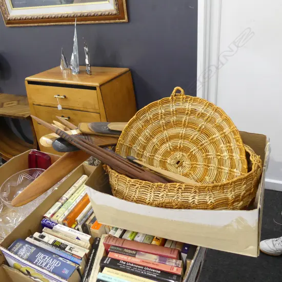 BOX LOT ABORIGINAL ARTEFACTS, BOOMERANGS, WOOMERA, MODEL SPEARS,BASKET.