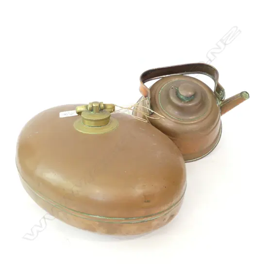 COPPER BED WARMER AND A COPPER KETTLE.