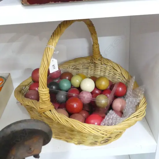 BASKET OF VINTAGE DECORATIVE BILLIARD BALLS, SM & LARGE, ONE IVORY