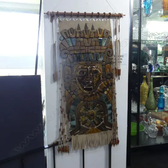 BRUCE PAPAS 'HEAD + LARGE HEADDRESS FROM TENAYUCA' TILE & LEATHER WALL HANGING 900x400mm