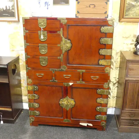 LGE VINTAGE KOREAN CHEST; RED LACQUER FINISH 910x370x1300mm