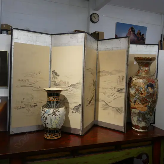 OLD 6 PANEL JAPANESE SCREEN PAINTED & SILVER LEAF H.1170MM